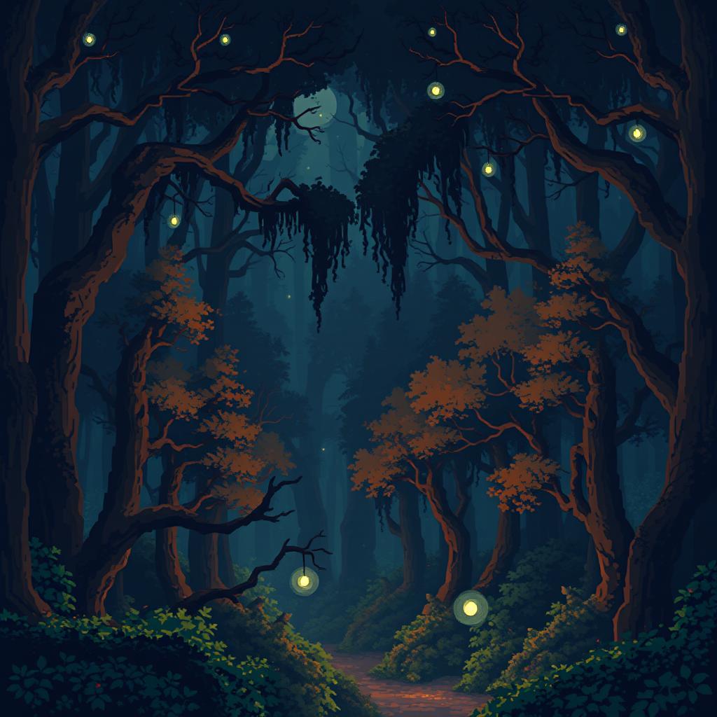 pixel art scene of an enchanted forest at night with a parallax effect