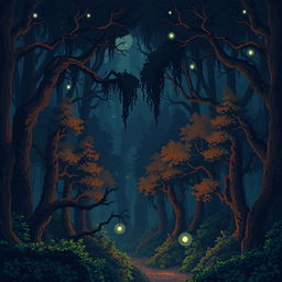 pixel art scene of an enchanted forest at night with a parallax effect