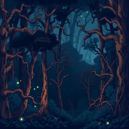 pixel art scene of an enchanted forest at night with a parallax effect