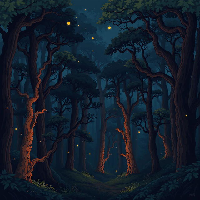 pixel art scene of an enchanted forest at night with a parallax effect