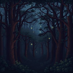 pixel art scene of an enchanted forest at night with a parallax effect