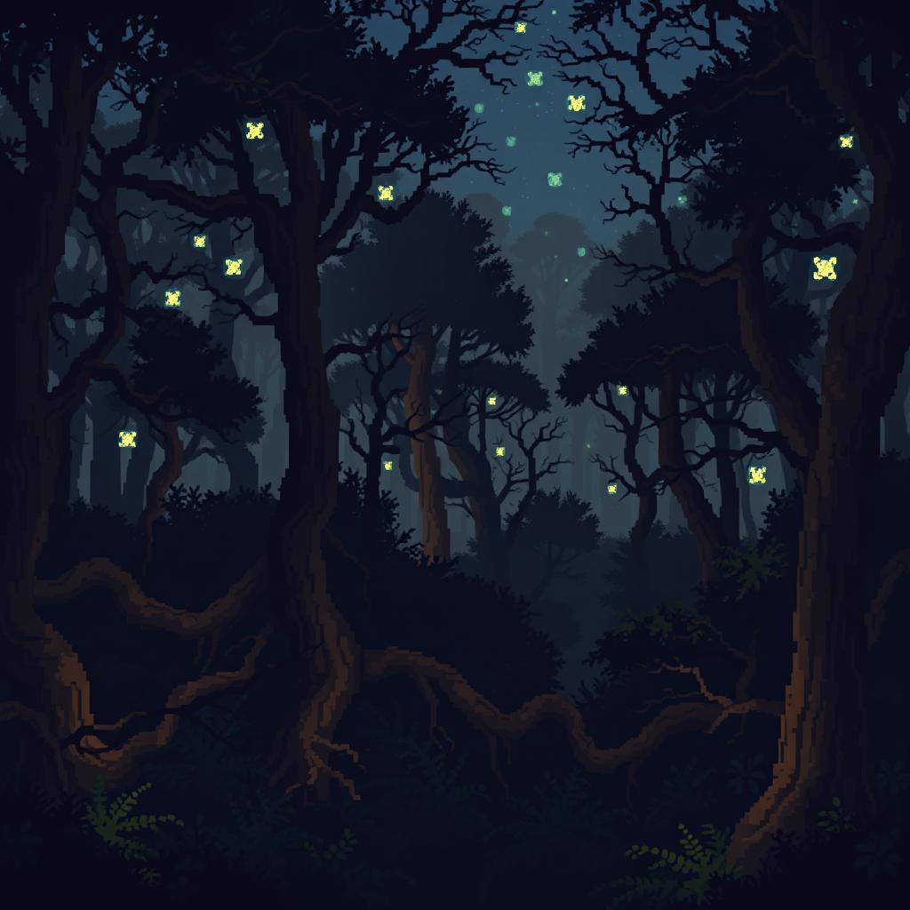 pixel art scene of an enchanted forest at night with a parallax effect