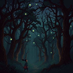 pixel art scene of an enchanted forest at night with a parallax effect