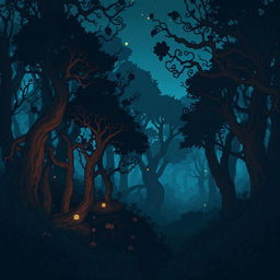 pixel art scene of an enchanted forest at night with a parallax effect