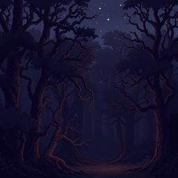 pixel art scene of an enchanted forest at night with a parallax effect