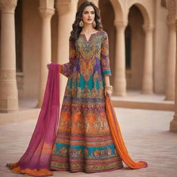 An elegant and fashionable dress with intricate designs and a vibrant color palette.