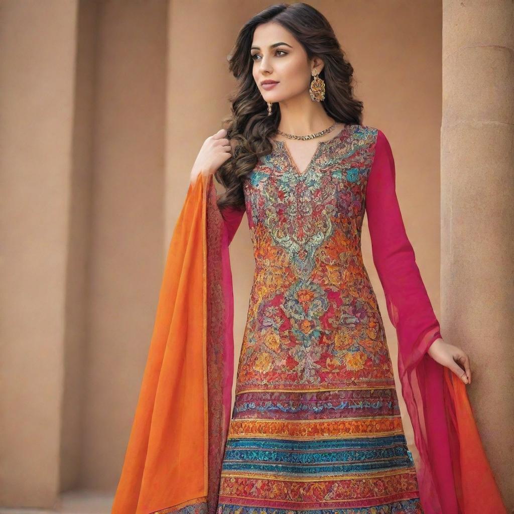 An elegant and fashionable dress with intricate designs and a vibrant color palette.