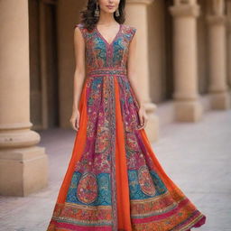 An elegant and fashionable dress with intricate designs and a vibrant color palette.