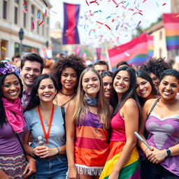 A scene depicting a diverse group of people celebrating bisexuality