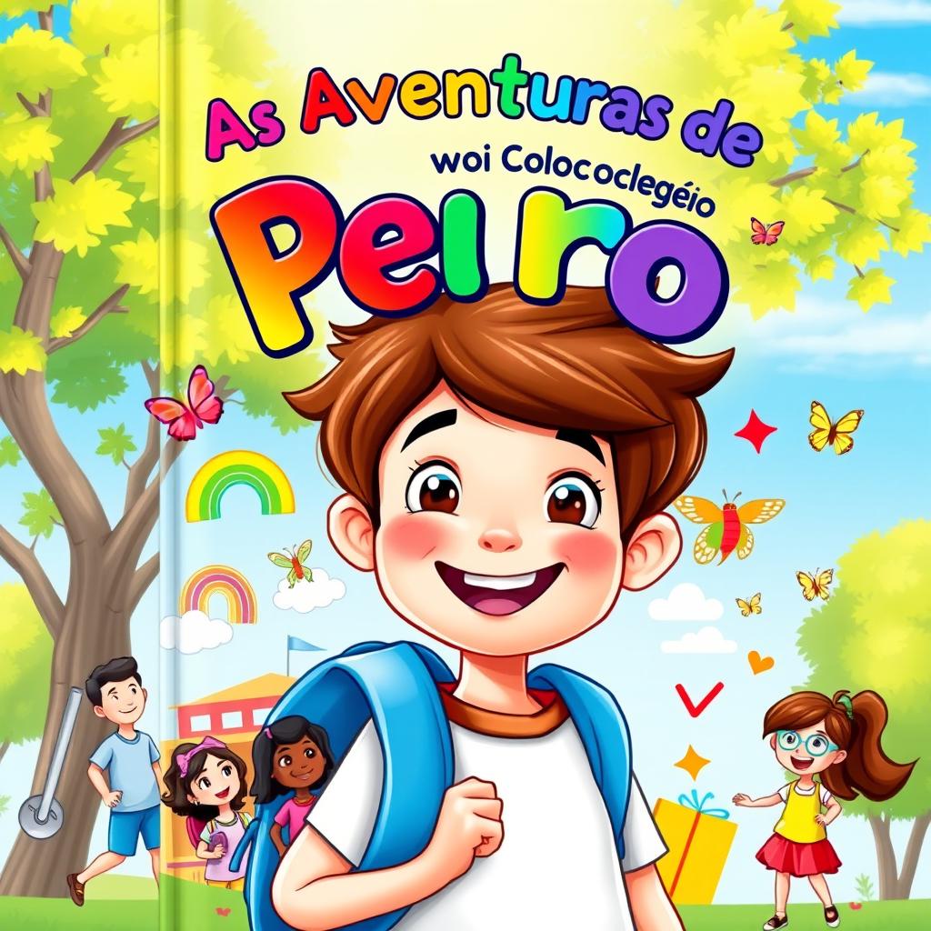 A vibrant book cover for "As Aventuras de Pedro no Colégio Arco-Íris", featuring a joyful and lively school setting