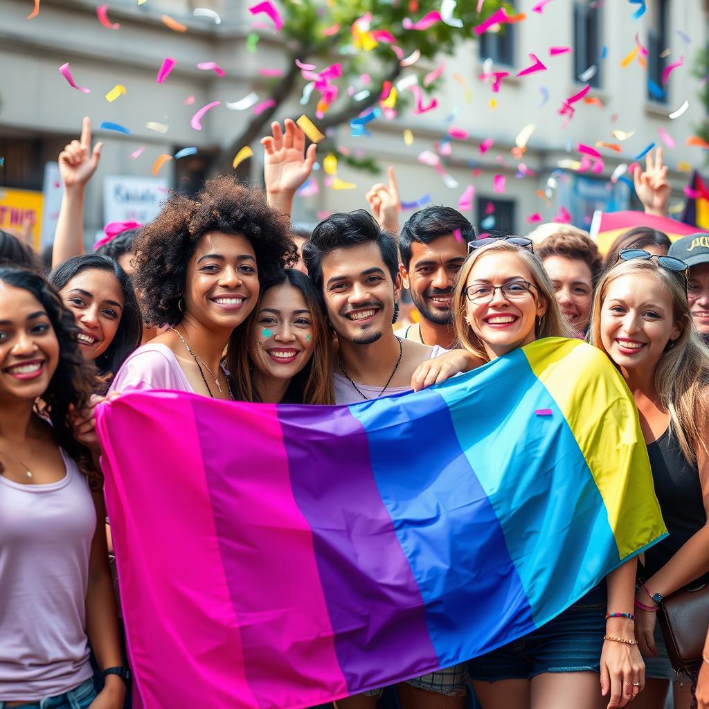 A scene depicting a diverse group of people celebrating bisexuality