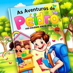 A vibrant book cover for "As Aventuras de Pedro no Colégio Arco-Íris", featuring a joyful and lively school setting