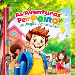 A vibrant book cover for "As Aventuras de Pedro no Colégio Arco-Íris", featuring a joyful and lively school setting