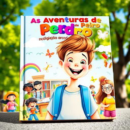 A vibrant book cover for "As Aventuras de Pedro no Colégio Arco-Íris", featuring a joyful and lively school setting