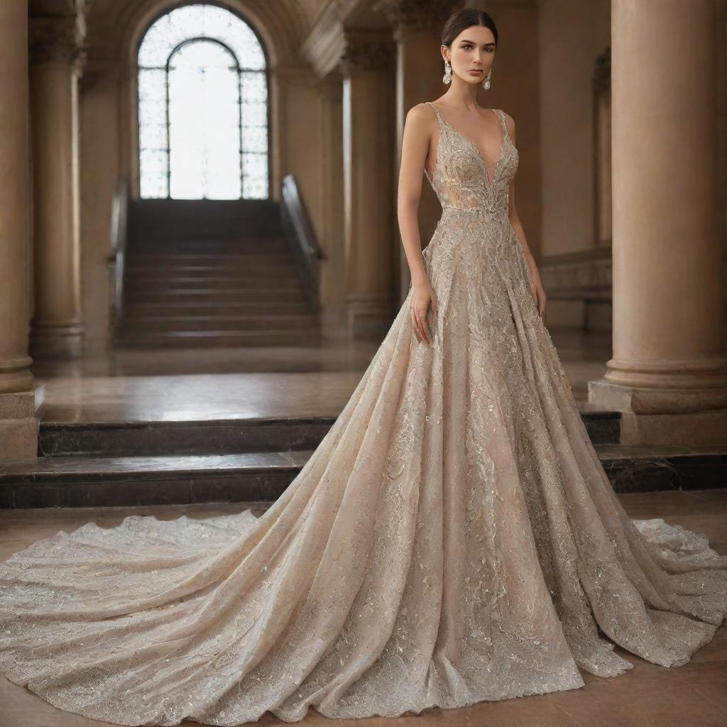 A dress embellished with glittering stones radiating brilliance and a train that pools elegantly, defining the epitome of glory and opulence.