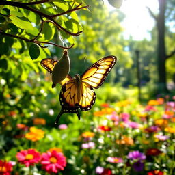 A butterfly gracefully emerging from its chrysalis, wings softly unfolding, in a lush, vibrant garden