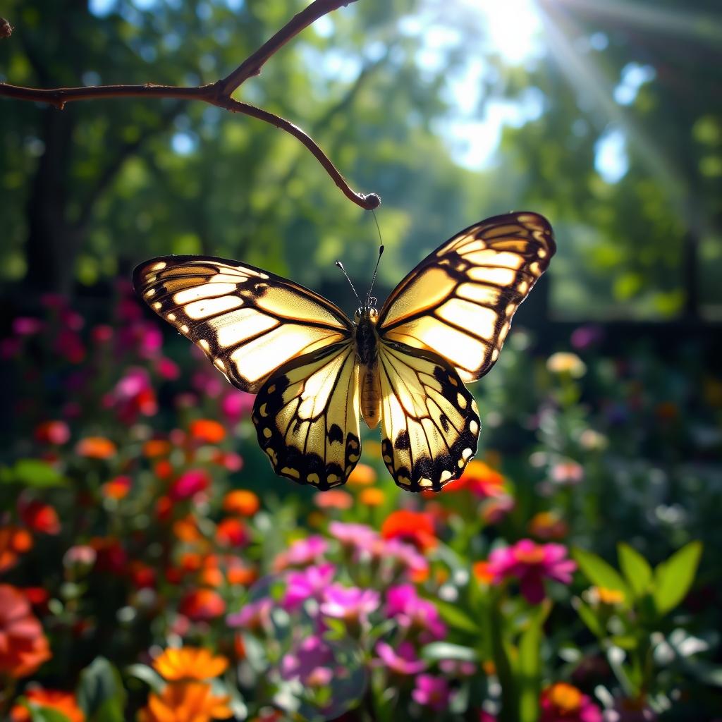 A butterfly gracefully emerging from its chrysalis, wings softly unfolding, in a lush, vibrant garden