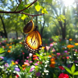 A butterfly gracefully emerging from its chrysalis, wings softly unfolding, in a lush, vibrant garden