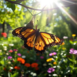 A butterfly gracefully emerging from its chrysalis, wings softly unfolding, in a lush, vibrant garden