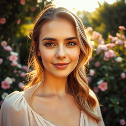 A close-up portrait of a woman with a calm expression, surrounded by a tranquil natural setting