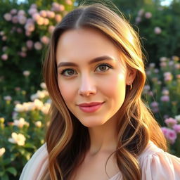 A close-up portrait of a woman with a calm expression, surrounded by a tranquil natural setting