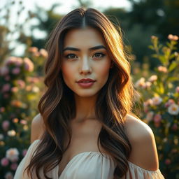 A close-up portrait of a woman with a calm expression, surrounded by a tranquil natural setting