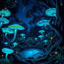 A vibrant and magical forest with large bioluminescent mushrooms glowing in various shades of blue and green