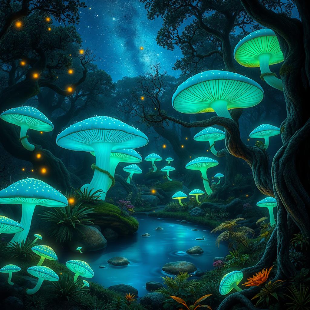 A vibrant and magical forest with large bioluminescent mushrooms glowing in various shades of blue and green