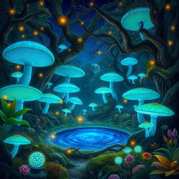 A vibrant and magical forest with large bioluminescent mushrooms glowing in various shades of blue and green