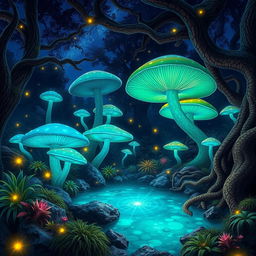 A vibrant and magical forest with large bioluminescent mushrooms glowing in various shades of blue and green