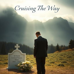 A poignant movie poster featuring a man in his wedding suit, standing solemnly at his deceased wife's grave