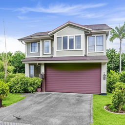 A charming two-storey house perfect for a family of four, equipped with comfortable living spaces, kid-friendly rooms, a lush backyard, and cozy homely details.