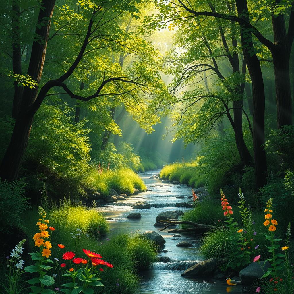 a serene landscape of a lush green forest with a gentle stream flowing through, sunlight filtering through the canopy, creating dappled light patterns on the forest floor, vibrant wildflowers blooming along the stream's edge, birds flitting between branches, and a sense of tranquility and natural beauty permeating the scene