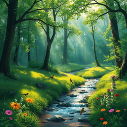 a serene landscape of a lush green forest with a gentle stream flowing through, sunlight filtering through the canopy, creating dappled light patterns on the forest floor, vibrant wildflowers blooming along the stream's edge, birds flitting between branches, and a sense of tranquility and natural beauty permeating the scene