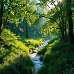 a serene landscape of a lush green forest with a gentle stream flowing through, sunlight filtering through the canopy, creating dappled light patterns on the forest floor, vibrant wildflowers blooming along the stream's edge, birds flitting between branches, and a sense of tranquility and natural beauty permeating the scene