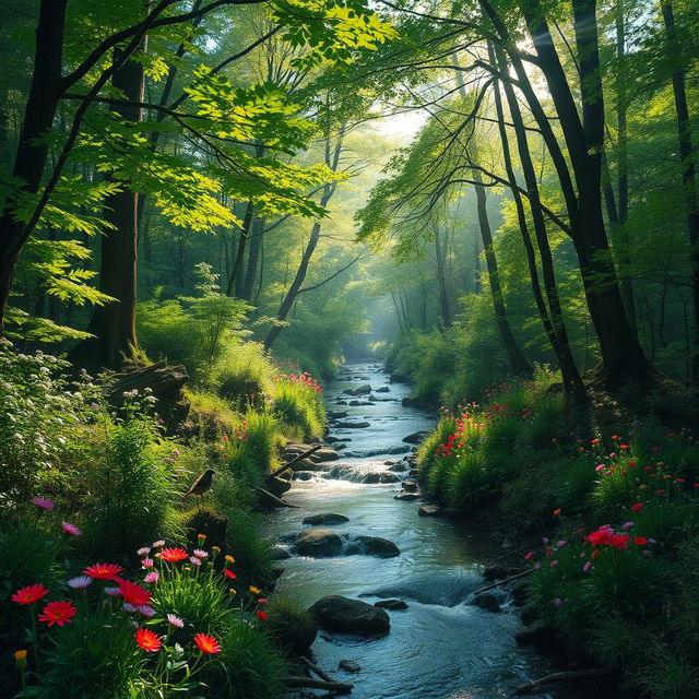 a serene landscape of a lush green forest with a gentle stream flowing through, sunlight filtering through the canopy, creating dappled light patterns on the forest floor, vibrant wildflowers blooming along the stream's edge, birds flitting between branches, and a sense of tranquility and natural beauty permeating the scene