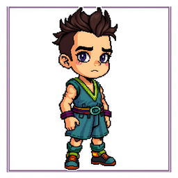 A detailed pixel art sprite of a human character in a 32x32 pixel frame, showcasing intricate detailing of facial features and clothing