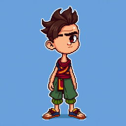 A detailed pixel art sprite of a human character in a 32x32 pixel frame, showcasing intricate detailing of facial features and clothing