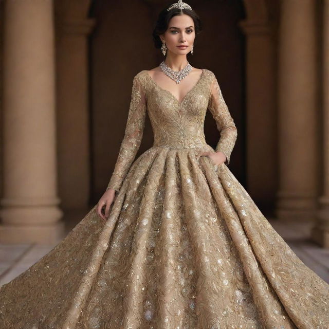 A majestic dress adorned with priceless diamonds, rare gems, and threads made from pure gold, defining the epitome of wealth, grandeur, and luxury.