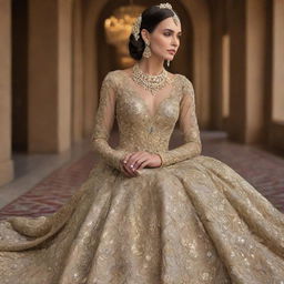 A majestic dress adorned with priceless diamonds, rare gems, and threads made from pure gold, defining the epitome of wealth, grandeur, and luxury.