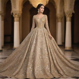 A majestic dress adorned with priceless diamonds, rare gems, and threads made from pure gold, defining the epitome of wealth, grandeur, and luxury.