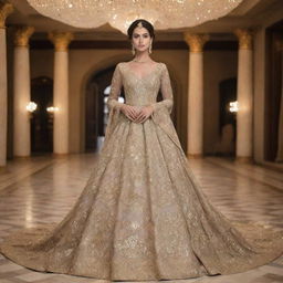 A majestic dress adorned with priceless diamonds, rare gems, and threads made from pure gold, defining the epitome of wealth, grandeur, and luxury.