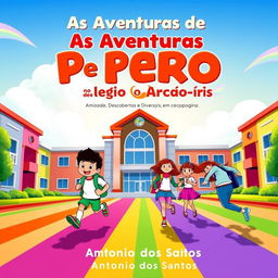 A vibrant ebook cover for 'As Aventuras de Pedro no Colégio Arco-Íris' featuring the colorful and cheerful architecture of Colégio Arco-Íris under a sunny sky