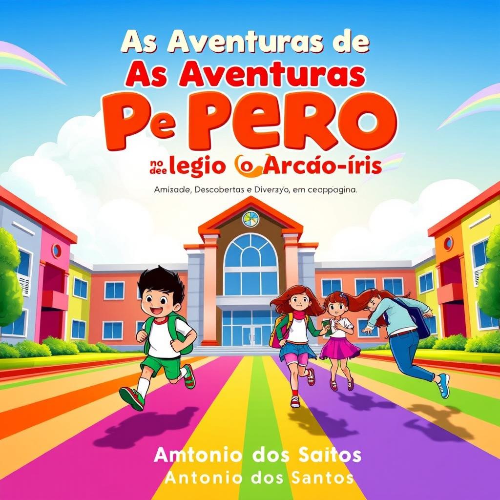 A vibrant ebook cover for 'As Aventuras de Pedro no Colégio Arco-Íris' featuring the colorful and cheerful architecture of Colégio Arco-Íris under a sunny sky