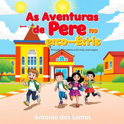 A vibrant ebook cover for 'As Aventuras de Pedro no Colégio Arco-Íris' featuring the colorful and cheerful architecture of Colégio Arco-Íris under a sunny sky