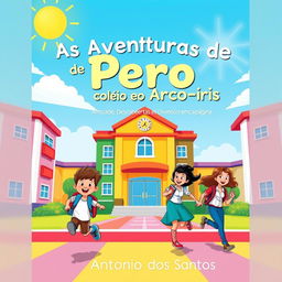 A vibrant ebook cover for 'As Aventuras de Pedro no Colégio Arco-Íris' featuring the colorful and cheerful architecture of Colégio Arco-Íris under a sunny sky