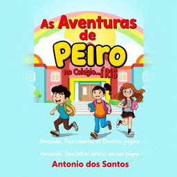 A vibrant ebook cover for 'As Aventuras de Pedro no Colégio Arco-Íris' featuring the colorful and cheerful architecture of Colégio Arco-Íris under a sunny sky