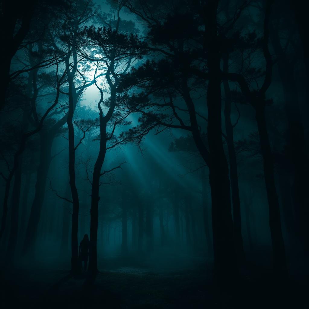 A mysterious and enchanting dark forest, with dense trees and fog swirling between the trunks