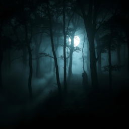 A mysterious and enchanting dark forest, with dense trees and fog swirling between the trunks