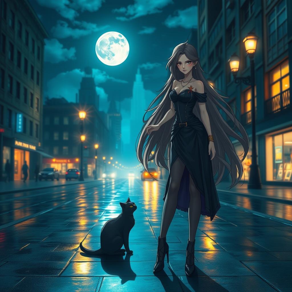 A fictional character named Marinete, with long flowing hair and a confident look, standing under the mystical moonlight of a captivating city night